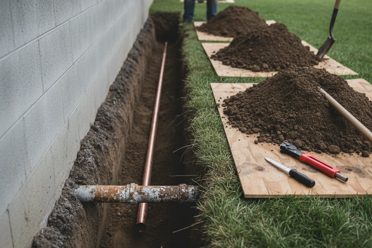 Excavated water line trench during Water Softener Installation in Luling